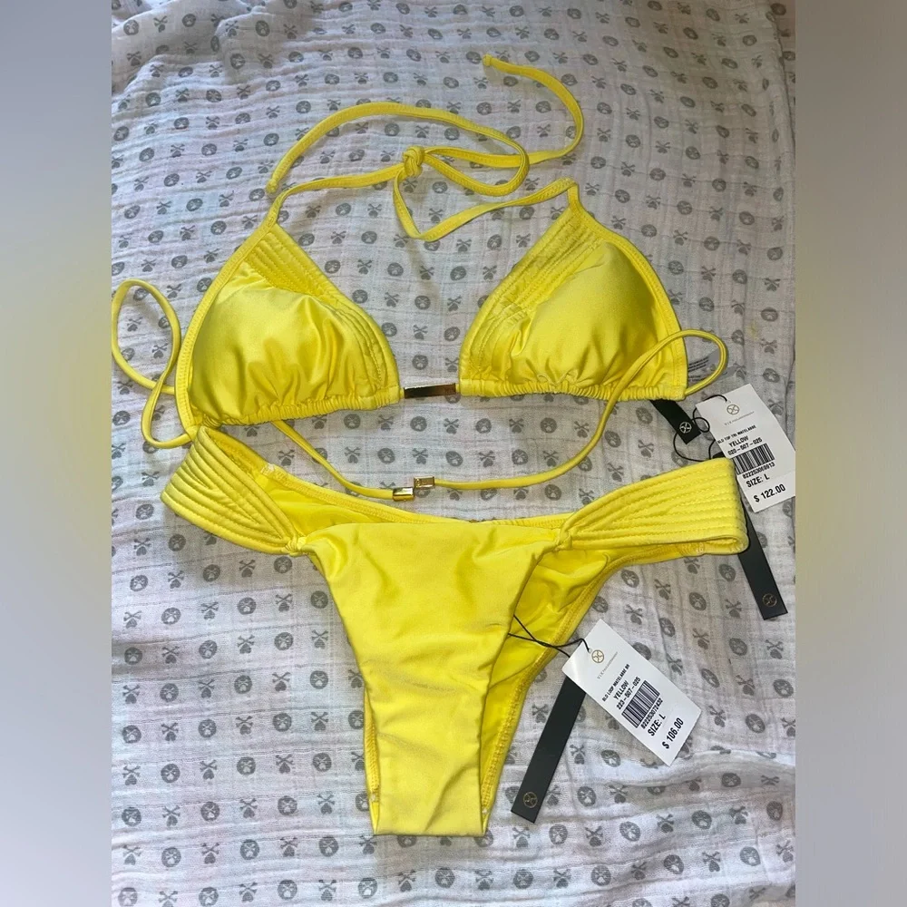 VIX SWIMWEAR SOLID YELLOW MATELASSE BIKINI SET SIZE LARGE (6-8) NWT - Picture 3 of 11
